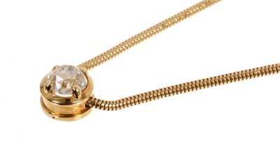Lot 498 - Diamond single stone pendant with an old cut cushion shape diamond in 18ct gold setting on 18ct gold snake link chain.