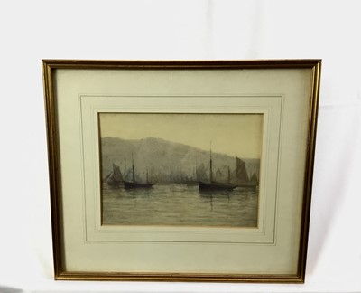 Lot 100 - P.A. Beale, Devonshire school, circa 1900, 'Misty morning, trawlers at Brixham', signed