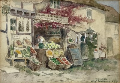 Lot 101 - Elizabeth Whitehead (act. c.1877-c.1930), watercolour of T.H. Payne greengrocer's in Warwick, framed and glazed