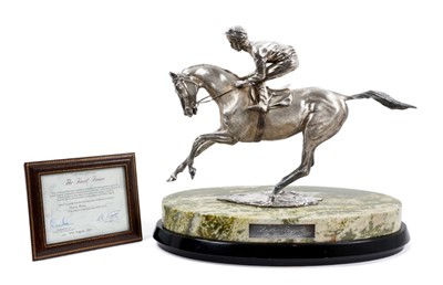 Lot 901 - A fine and impressive silver sculpture, 'The Final Frame', Lester Piggott on horseback, raised upon an oval green variegated marble base and oval wooden plinth, hallmarked London 1986