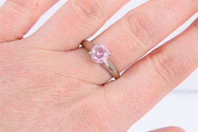 Lot 808 - 14ct white gold pink synthetic stone solitaire ring