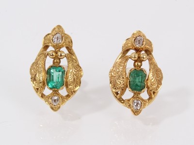 Lot 554 - Pair of Victorian style gold emerald and diamond earrings