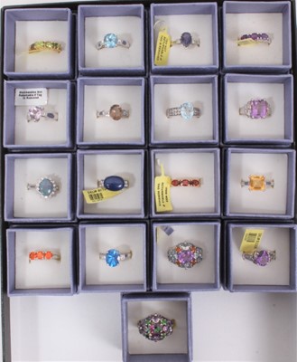 Lot 823 - Collection of 17 'Karis' gem set dress rings, boxed as new