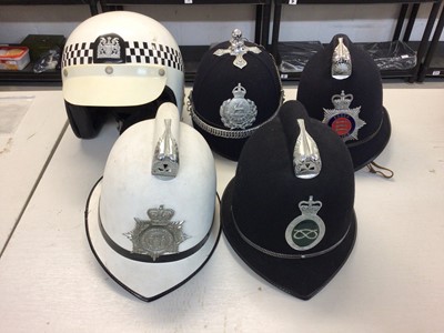 Lot 552 - Group of five George VI and Elizabeth II Police helmets for Southend on Sea Constabulary, Glamorgan, Shropshire County & Stoke on Trent Constabulary, Essex Police and a Police Motorcycle Helmet (1...