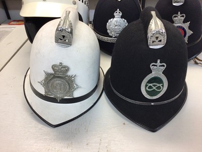 Lot 552 - Group of five George VI and Elizabeth II Police helmets for Southend on Sea Constabulary, Glamorgan, Shropshire County & Stoke on Trent Constabulary, Essex Police and a Police Motorcycle Helmet (1...