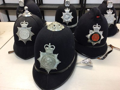 Lot 554 - Group of six Elizabeth II Police helmets for West Riding Constabulary, South Wales Constabulary, North Yorkshire Police, Durham Constabulary, Humberside Police and Essex Police (1 box)