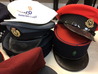 Lot 555 - One box of various military and police hats and helmets including a Kepi and Berets.