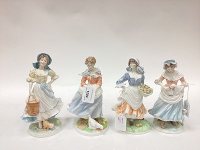 Lot 1204 - Four Royal Worcester limited edition Old Country Ways figures - A Farmer's Wife, The Milkmaid, Rosie Picking Apples and The Shepherdess, together with three other Royal Worcester figures- Grandma's...