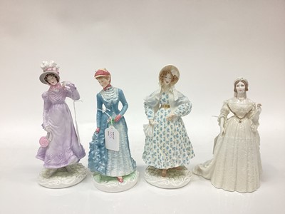 Lot 1205 - Three Royal Worcester limited edition Walking-Out Dresses of the 19th Century figures - The Regency, The Bustle and The Romantic, together with five Coalport figures - Childhood Joys, The Boy, Surp...