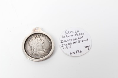 Lot 224 - G.B. - Silver William III Shilling 1697 (N.B. Set in silver circular pendant mount) otherwise GF, a treasure from the Wreck of HM's Association, which sank of The Isles of Scilly 22 October 1707 (N...