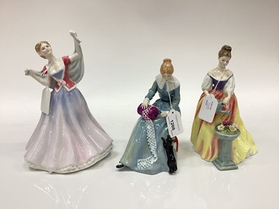 Lot 1208 - Six Royal Doulton figures - Dorothy HN3098, Alexandra HN3286, June HN2991, My Love HN2339, Happy Anniversary HN3097 and Fair Lady HN2193, plus a Coalport figure - Caroline (7)