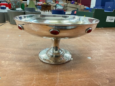 Lot 2593 - Arts and Crafts silver plated pedestal bowl, by J B Glasgow with eight amber coloured glass cabochons.