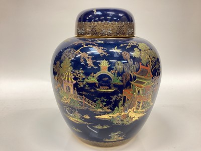 Lot 1267 - Large Carlton Ware ginger jar and cover, 31cm high, printed and enamelled in colours and gilt mottled blue ground