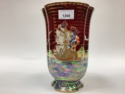 Lot 1269 - Galleon a Fieldings Crown Devon vase ribbed lobed cylindrical form painted in colours with a galleon at full sail, a Crown Devon Mattajade bowl in the same pattern