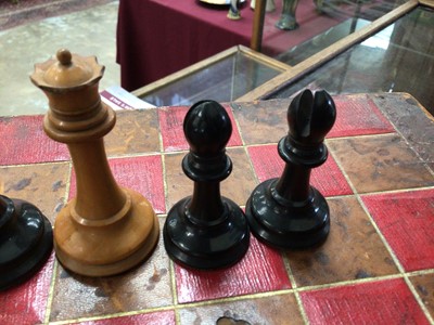 Lot 2494 - Antique Jaques & Son wooden complete chess set. King measuring 8.5cm high, white king stamped 'Jaques London', within a leather covered folding chess board