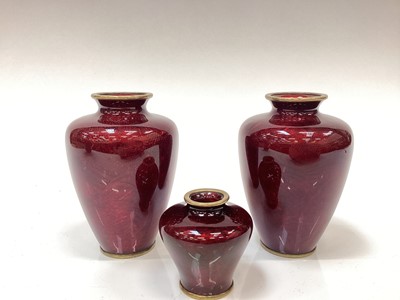 Lot 1276 - Good early pair of Ginbari pidgeon blood red cloisonne vases, together with a miniature example