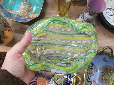 Lot 1272 - A Murano glass leaf shaped dish with pinched top rim alterate yellow, green, white canes cased in clear glass.  Together with a slim six sided panel glass with Murano labels