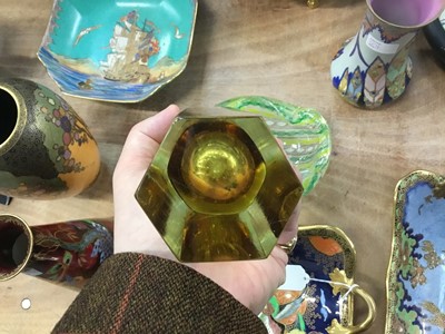Lot 1272 - A Murano glass leaf shaped dish with pinched top rim alterate yellow, green, white canes cased in clear glass.  Together with a slim six sided panel glass with Murano labels