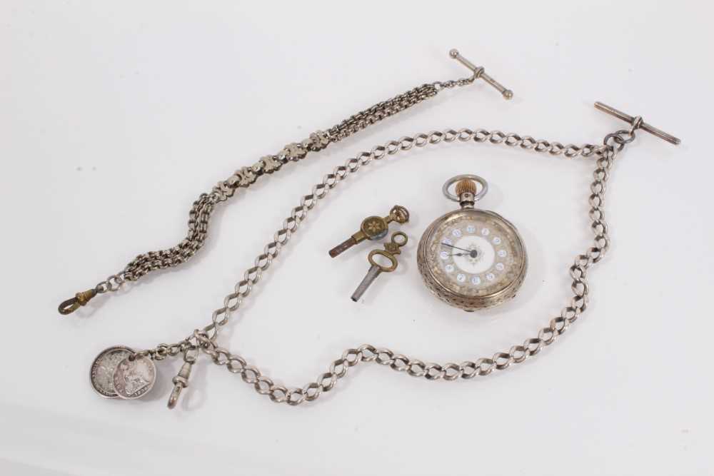 Lot 829 - Victorian silver fob watch, white metal fob chain and a silver watch chain with coin fobs