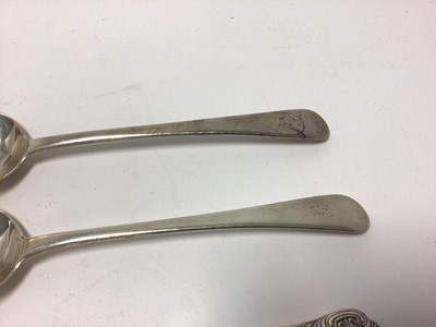 Lot 88 - Silver compact together with a pair of Georgian silver table spoons and a silver handled cheese knife.