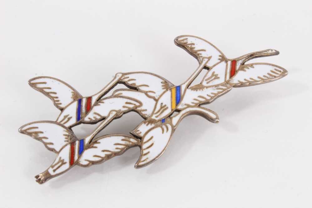 Lot 845 - Erik Magnussen Danish silver and enamel flying geese brooch, signed to reverse, 6cm