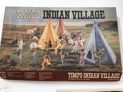 Lot 1965 - Timpo Indian Village in original box selection of plastic figures, stylophone quick draw, toy mobile, Bandai Police wagon, Captain Scarlet game, Lady Penelope car, Frog Bantam boxed