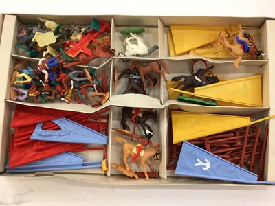 Lot 1965 - Timpo Indian Village in original box selection of plastic figures, stylophone quick draw, toy mobile, Bandai Police wagon, Captain Scarlet game, Lady Penelope car, Frog Bantam boxed