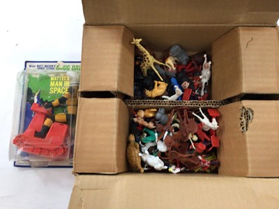 Lot 1965 - Timpo Indian Village in original box selection of plastic figures, stylophone quick draw, toy mobile, Bandai Police wagon, Captain Scarlet game, Lady Penelope car, Frog Bantam boxed