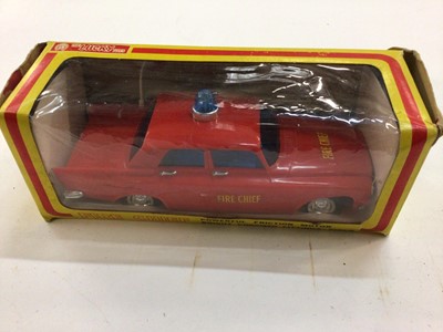 Lot 1960 - Marx battery operated remote control helicopter, Marx tricky action locomotive battery operated, Scalex boats drifter No 424S, Friction driven light tank, lucky toys friction driven fire chief car,...