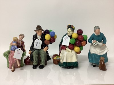 Lot 1137 - Four Royal Doulton figures - The Balloon Man HN1954, The Old Balloon Seller HN1315, When I Was Young HN3457 and The Favourite HN2249