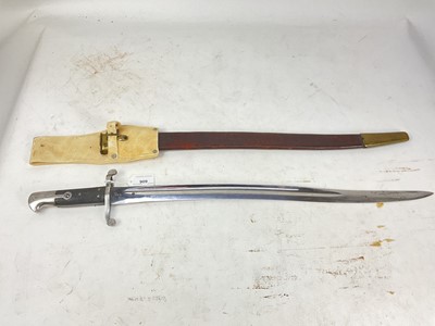 Lot 909 - British 1856 Pattern yatagang bayonet with re-curving blade in brass mounted leather scabbard with frog