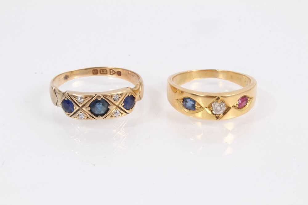 Lot 855 - Edwardian 18ct gold sapphire and diamond ring together with a yellow metal sapphire, diamond and ruby three stone ring