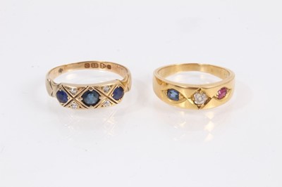 Lot 855 - Edwardian 18ct gold sapphire and diamond ring together with a yellow metal sapphire, diamond and ruby three stone ring