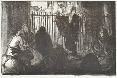 Lot 1232 - *Gerald Spencer Pryse (1882-1956) black and white lithograph - Untitled (Refugees sheltering among ruins), signed, 27cm x 42cm, unframed.