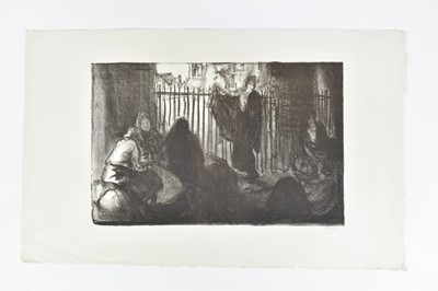 Lot 1232 - *Gerald Spencer Pryse (1882-1956) black and white lithograph - Untitled (Refugees sheltering among ruins), signed, 27cm x 42cm, unframed.