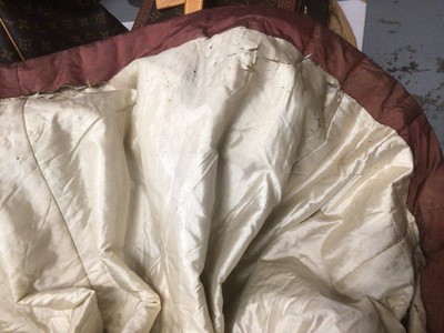 Lot 2114 - 1832 Georgian Carriage dress maroon silk with double cape collar trimmed with braid, padded and gathered skirt.