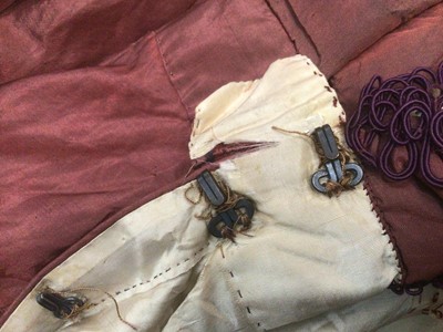 Lot 2114 - 1832 Georgian Carriage dress maroon silk with double cape collar trimmed with braid, padded and gathered skirt.