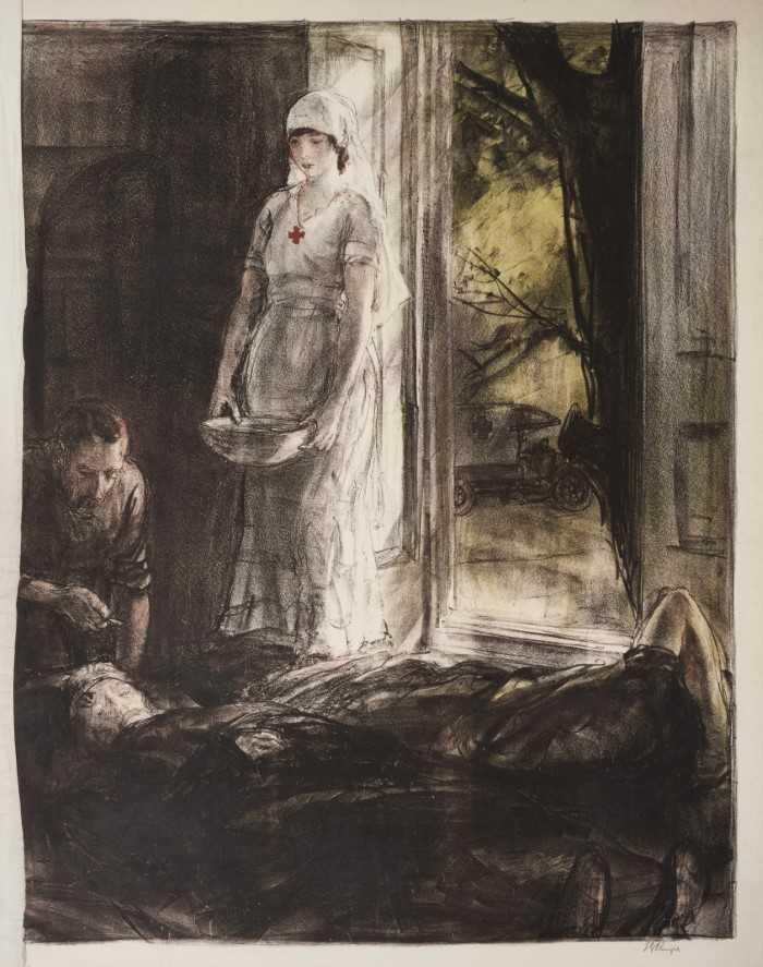 Lot 1234 - *Gerald Spencer Pryse (1882-1956) colour lithograph - Nurse attending a wounded soldier, signed, 67cm x 54cm, unframed.