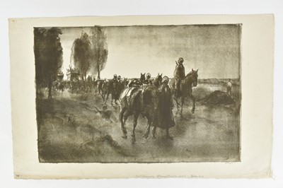 Lot 1235 - *Gerald Spencer Pryse (1882-1956) black and white lithograph - Indians and motor buses near Poperinge, Dec 1914, signed and titled below in pencil, 34cm x 50cm, unframed.