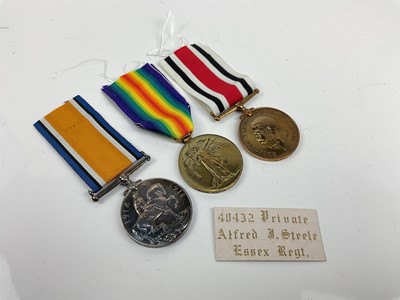 Lot 568 - First World War trio comprising War and Victory medals named to 40432 PTE. A. J. Steele. Essex. R. and a George V Police Special Comstabulary Long Service medal named to Alfred J. Steele. (3)