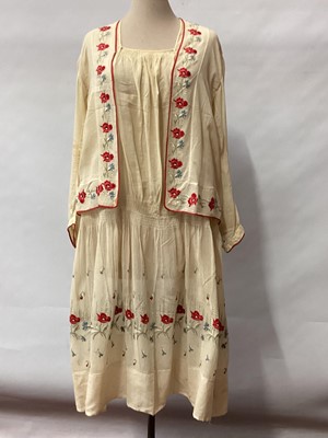 Lot 2120 - 1920s cream silk gauze dress with floral embroidery, shirring to neck and dropped waistline.