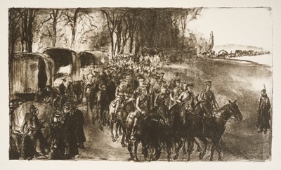 Lot 1242 - *Gerald Spencer Pryse (1882-1956) black and white lithograph - The Retreat of the Seventh Division and Third Cavalry on Ypres, signed and titled below in pencil, 28cm x 49cm, unframed.
