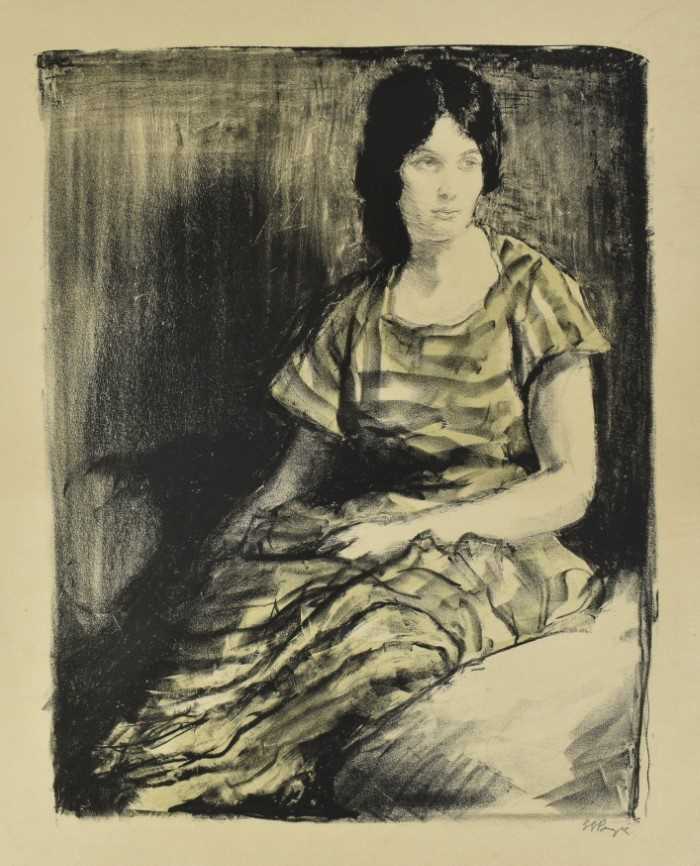 Lot 69 - *Gerald Spencer Pryse (1882-1956) colour lithograph - Woman in Yellow Dress, signed below in pencil, 35cm x 27.5cm, unframed.