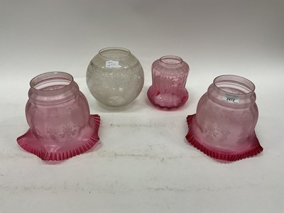 Lot 2472 - Pair of antique etched ruby glass shades, clear round etched glass antique glass shade, and ruby glass etched shade (4)