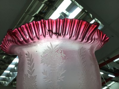 Lot 2472 - Pair of antique etched ruby glass shades, clear round etched glass antique glass shade, and ruby glass etched shade (4)