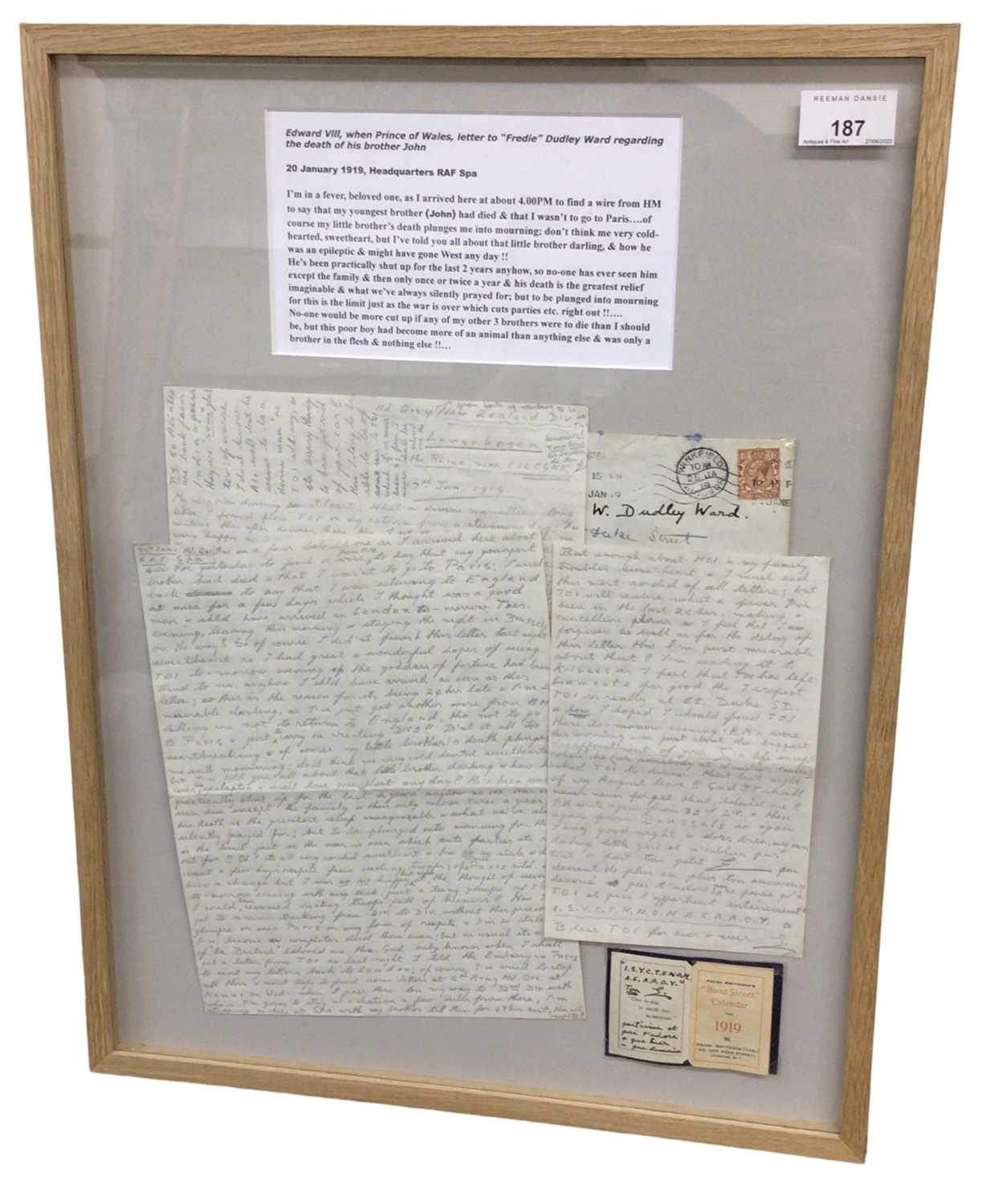 Lot 187 - H.R.H. Edward Prince of Wales (later H.M. King Edward VIII and Duke of Windsor)love letter to Freda Dudley Ward regarding death of Prince John