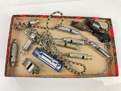 Lot 576 - Collection of fourteen A.R.P., Police and Railway whistles (1 box)