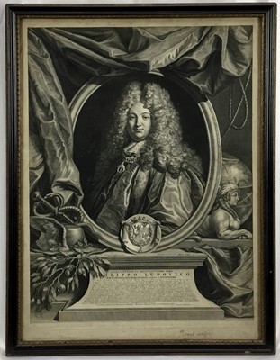 Lot 341 - Good early 18th century black and white engraving, dated 1713, 'Philippo Ludvico', framed in oval central panel with globe and sphinx-like figure to side.  Together with fine sepia 17th century sty...