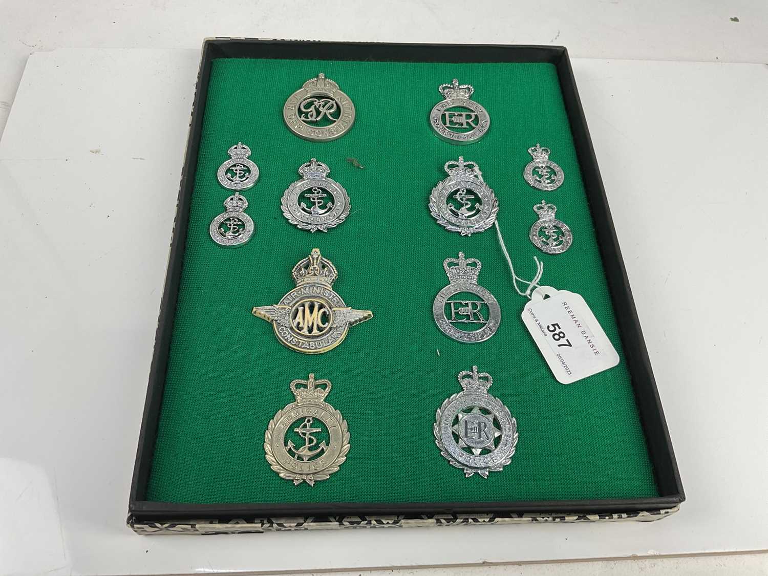 Lot 587 - Good collection of military Police badges to include Second World War, War time economy issue Air Ministry Constabulary and War Department Constabulary badges (1 board)