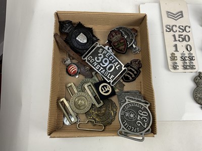 Lot 589 - Collection of Police helmet plates, East Suffolk Constabulary belt buckle and other insignia (1 box)